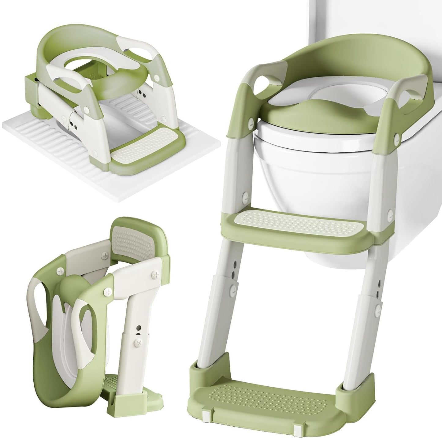 Potty Training Seat 3-in-1 Toddler Toilet Ladder (Toilet, Ladder, Squatting Aid) for Children Boys Girls with Removable Cushion, Anti-Splash & Foldable Design - Grey