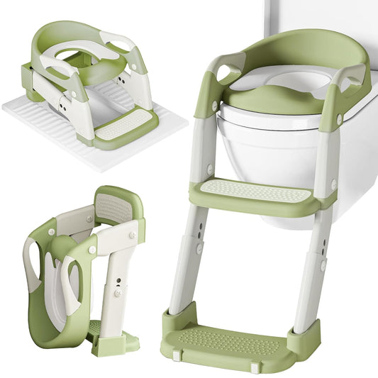 Potty Training Seat 3-in-1 Toddler Toilet Ladder (Toilet, Ladder, Squatting Aid) for Children Boys Girls with Removable Cushion, Anti-Splash & Foldable Design - Grey