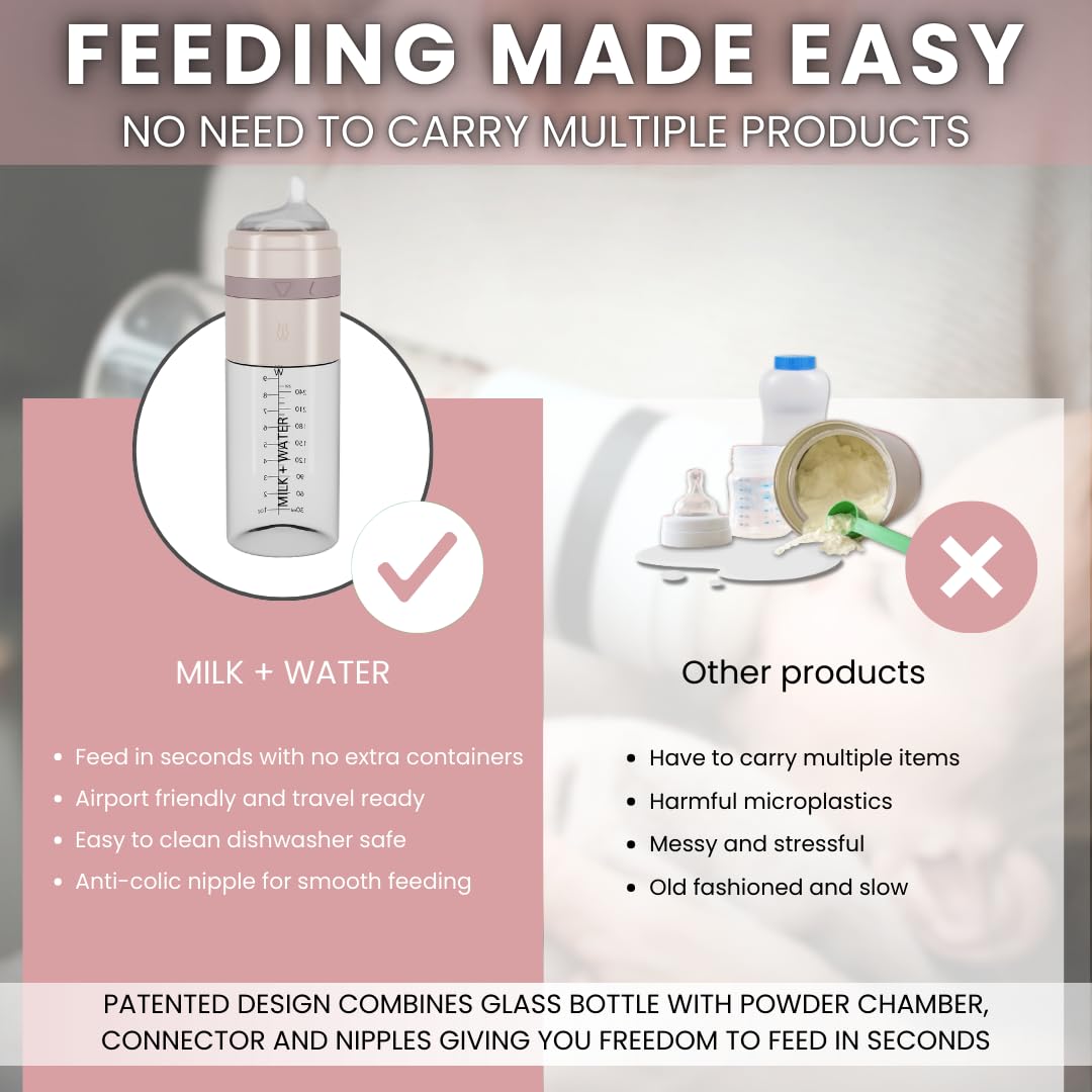 MILK & WATER Glass All in One Baby Bottle & Baby Formula Dispenser On The Go (Olive Green, 9oz Medium Flow 3m+)