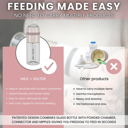 MILK & WATER Glass All in One Baby Bottle & Baby Formula Dispenser On The Go (Olive Green, 9oz Medium Flow 3m+)