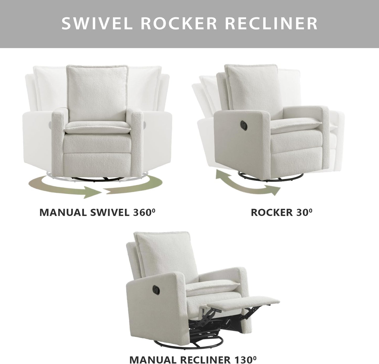 Oxford Baby Uptown Upholstered Glider Recliner Rocking Chair 360° Swivel for Nursery and Living Room - Boucle White