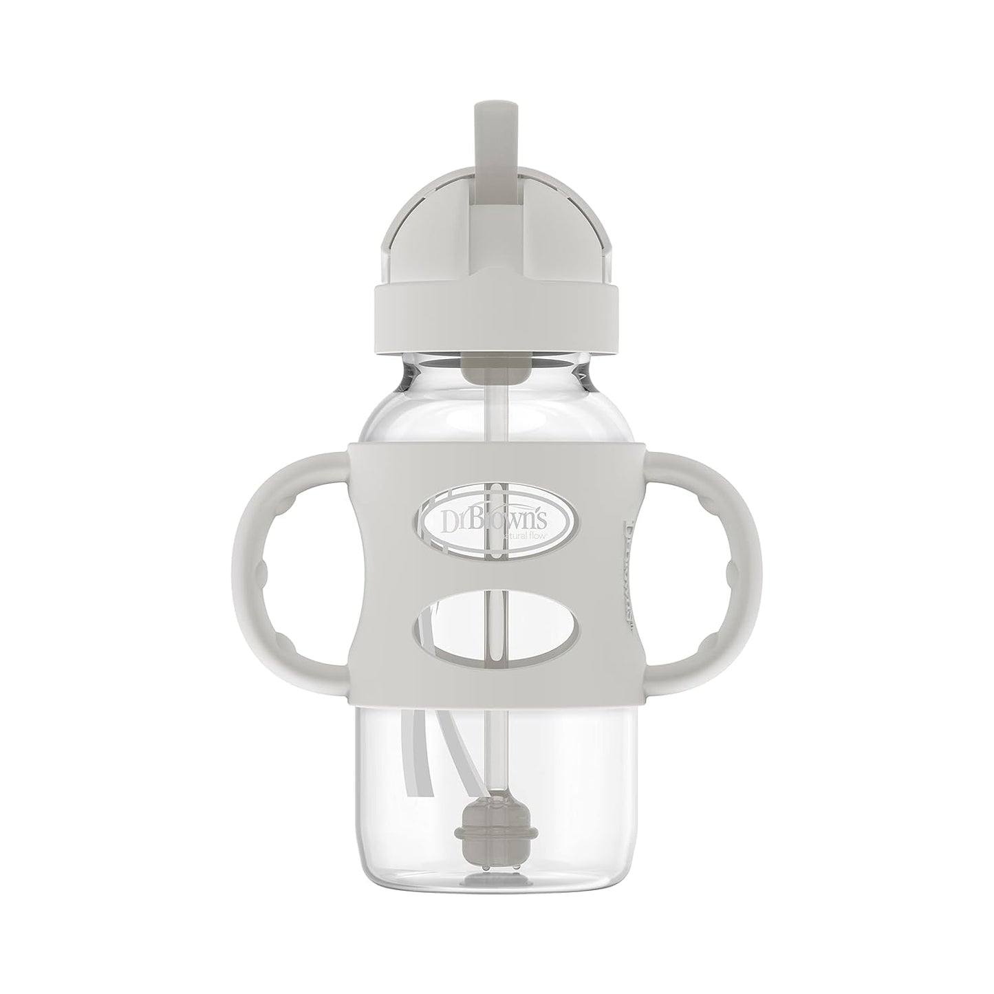 Dr. Brown's Milestones Wide-Neck Sippy Straw Bottle, Spill-Proof with 100% Silicone Handles and Weighted Straw, 9 oz/270 mL, Gray & Pink, 6m+, 2-Pack