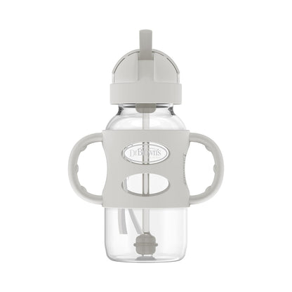Dr. Brown's Milestones Wide-Neck Sippy Straw Bottle, Spill-Proof with 100% Silicone Handles and Weighted Straw, 9 oz/270 mL, Gray & Pink, 6m+, 2-Pack