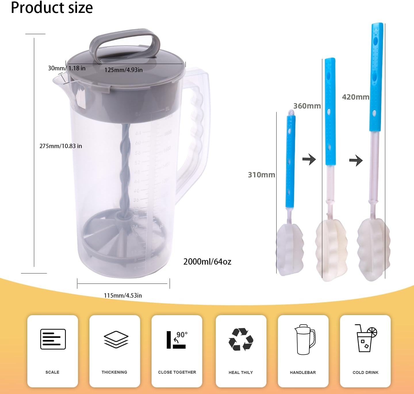 2 Quart/64oz Mixing Pitcher with Adjustable Plunger & Lid - BPA-Free, Leakproof Drink Container for Juice, Formula, Tea - Wide Mouth, Easy Clean, Vortex Mixing Technolog