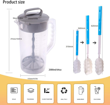 2 Quart/64oz Mixing Pitcher with Adjustable Plunger & Lid - BPA-Free, Leakproof Drink Container for Juice, Formula, Tea - Wide Mouth, Easy Clean, Vortex Mixing Technolog