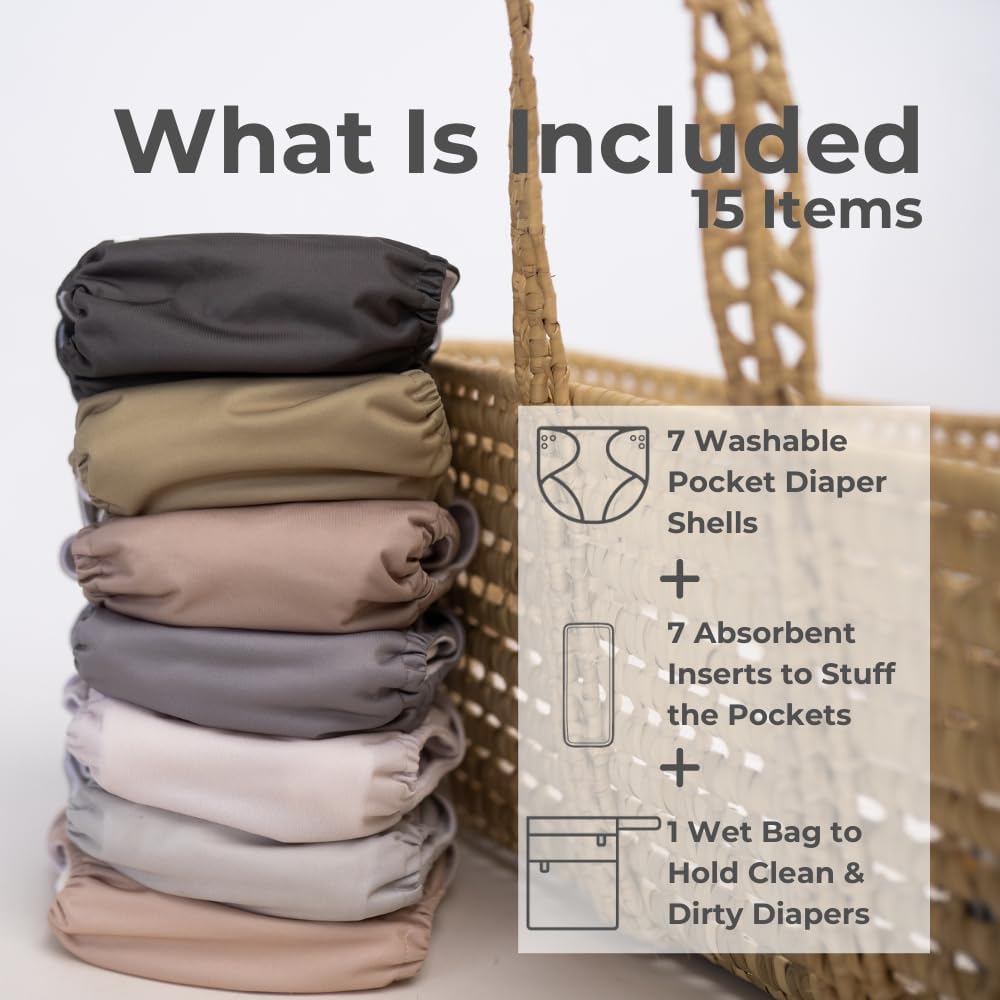 Nora's Nursery Cloth Diapers 7 Pack with 7 Inserts & 1 Wet Bag - Waterproof Cover, Washable, Reusable & One Size Adjustable Pocket Diapers for Newborns and Toddlers - Delilah