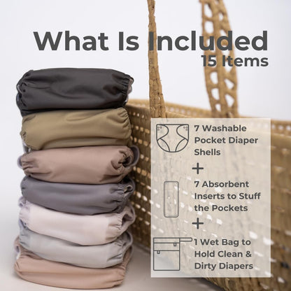 Nora's Nursery Cloth Diapers 7 Pack with 7 Inserts & 1 Wet Bag - Waterproof Cover, Washable, Reusable & One Size Adjustable Pocket Diapers for Newborns and Toddlers - Delilah