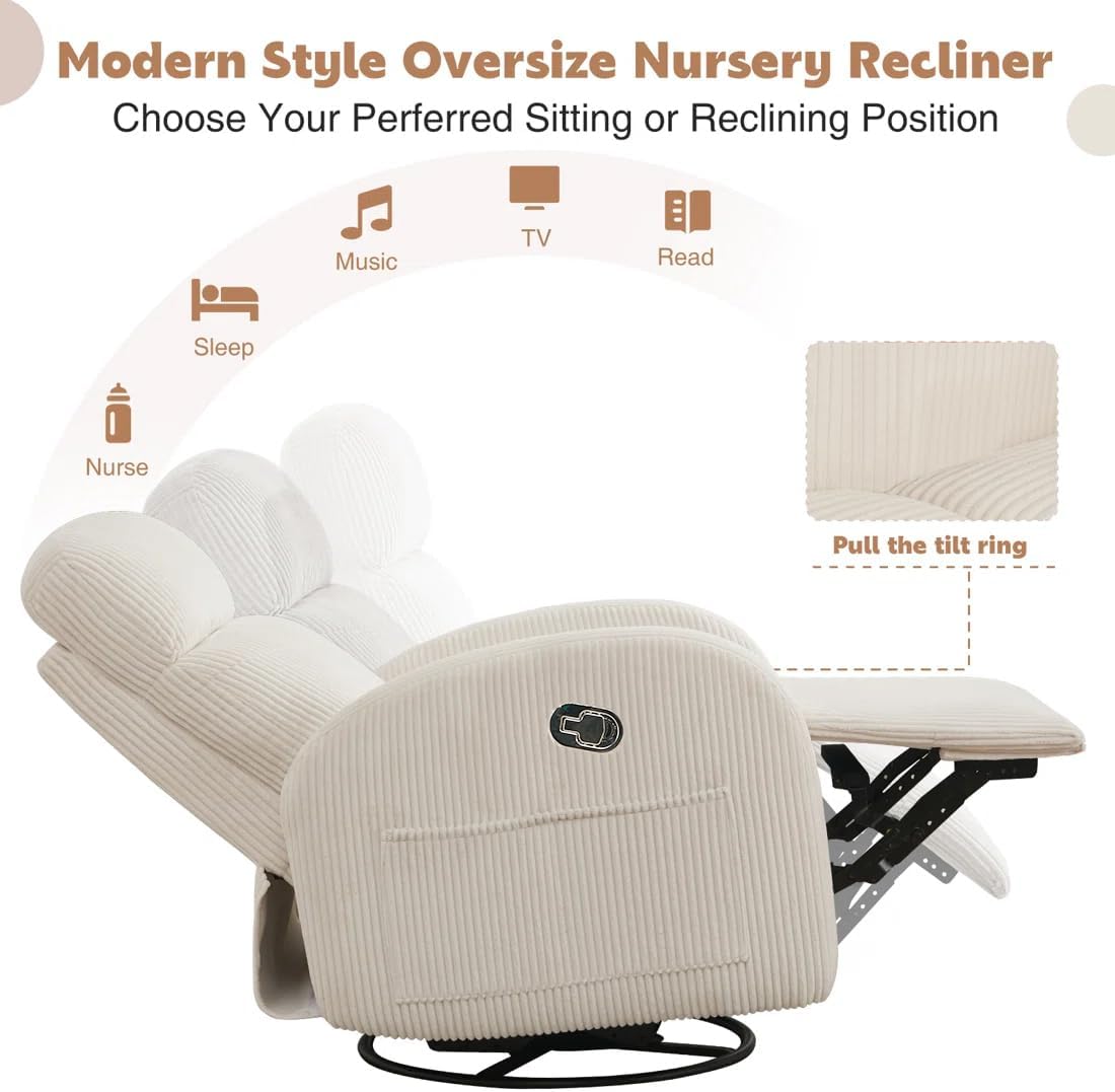 Swivel Rocker Recliner Chair, Rocking Recliner for Nursery with Side Pockets, Manual Swivel Reclining Nursery Glider Chair for Breastfeeding Living Room, Camel Chenille