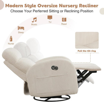 Swivel Rocker Recliner Chair, Rocking Recliner for Nursery with Side Pockets, Manual Swivel Reclining Nursery Glider Chair for Breastfeeding Living Room, Camel Chenille