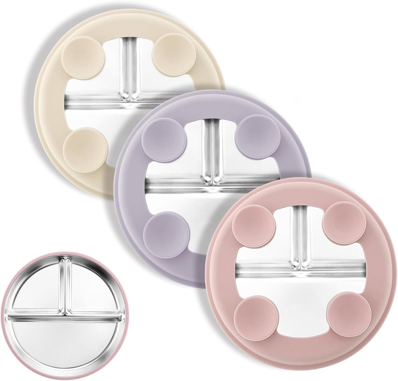 Bakpoco Stainless Steel Toddler Plate with Suction, 9” Divided Plates with Removable Silicone Sleeves for Kids, Non Toxic & BPA Free | Non Slip | Unbreakable Baby Snack Dishes Set of 2, Blue & Gray