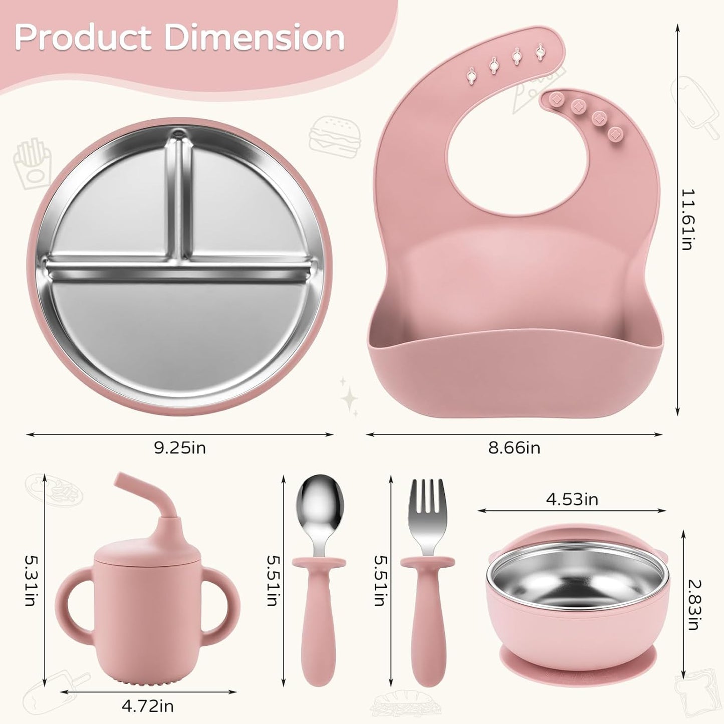 Toddler Plates and Bowls Set Stainless Steel - Bathchef Baby Feeding Set Strong Suction, BPA Free Durable Divided Plates, Safe Self Baby Feeding Utensils,Cup,Spoon,Fork,Dishwasher Safe,6pcs,Pink