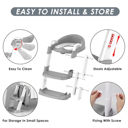 Potty Training Seat with Step Stool Ladder, Toddler Potty Training Toilet for Boys Kids, Potty Chair Adjustable Potty Seat for Toilet with Anti-Slip Wide Steps Splash Guard Safety Handles