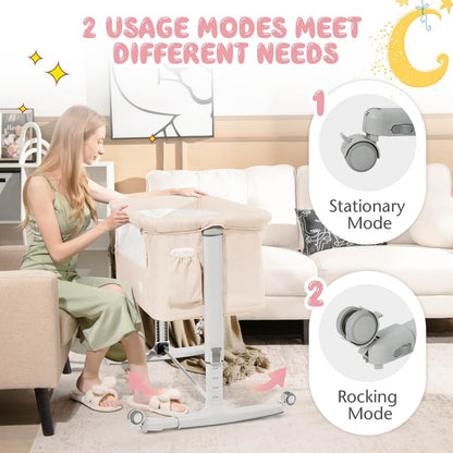 BABY JOY Bassinet Bedside Sleeper, 3 in 1 Folding Crib w/Adjustable Height, Mattress, Lockable Wheels, Storage Pocket & Carry Bag for Infant Newborn, Stationary & Rock, Portable Baby Bassinet (Grey)