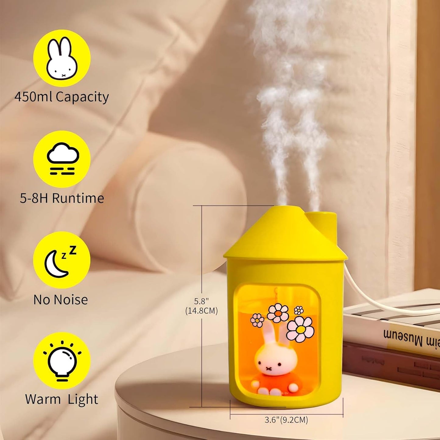 Mipow x miffy BTA700M Cool Mist Humidifier for Bedroom,Ultrasonic Quiet Humidifier with Night Light,450 ML Double Spray Humidifiers for Nursery,Office Indoor Plants (Pink), Gift for Mother's Day