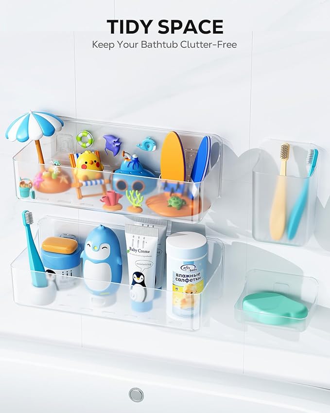 Nieifi Bath Toy Storage Holder, Bathtub Toy Storage, Large Capacity Bath Toy Organizer, Adhesive Shower Caddy for Bathroom, Clear (2 large + 1 small + 1 long)