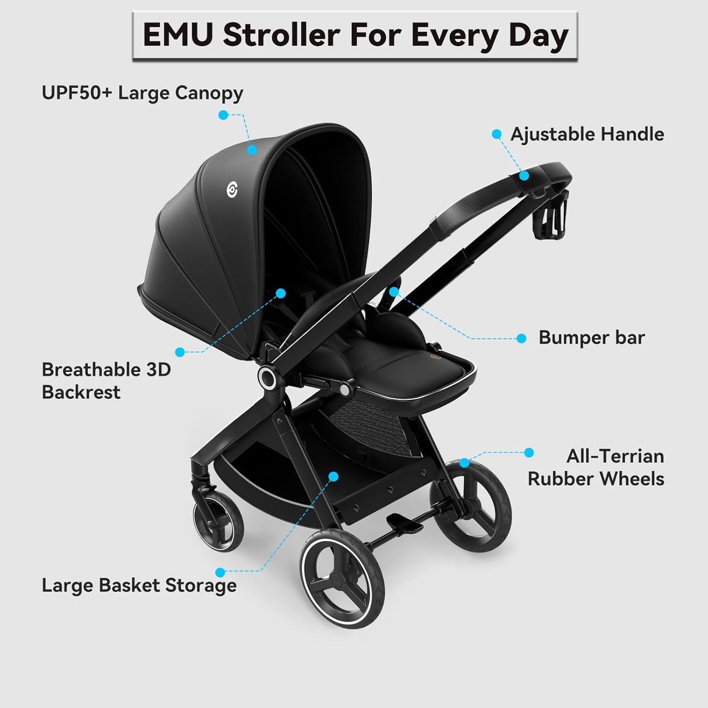 EMU Baby Stroller with Reversible Seat Full-Size Infant Stroller with Full Recline Cockpit Compact Foldable Toddler Carriage for Outdoor City - Black