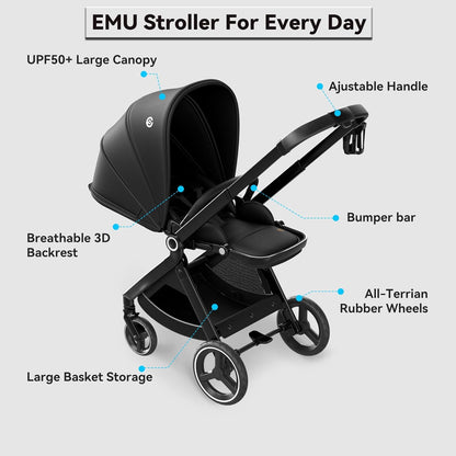 EMU Baby Stroller with Reversible Seat Full-Size Infant Stroller with Full Recline Cockpit Compact Foldable Toddler Carriage for Outdoor City - Black