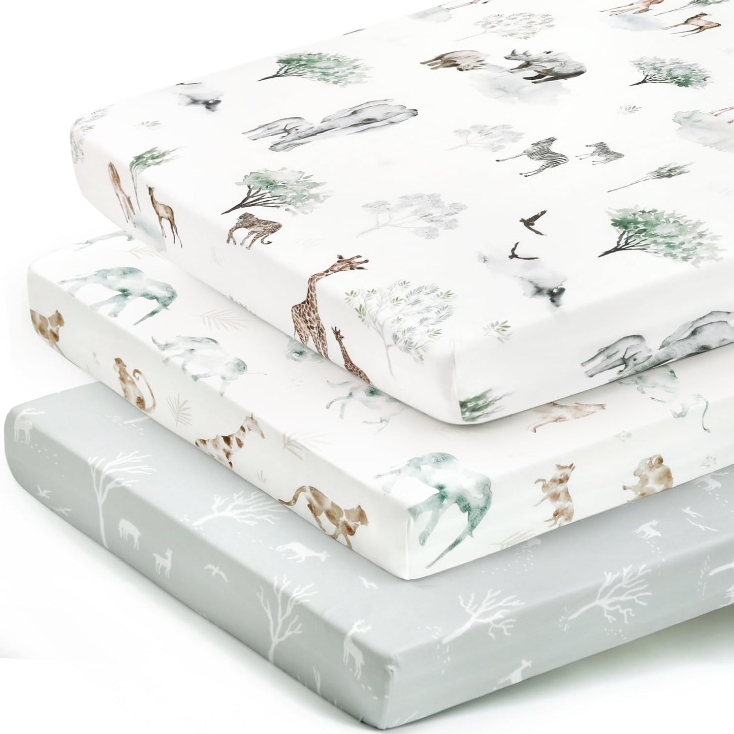 GRSSDER Stretch Ultra Soft Jersey Knit Fitted Pack n Play Playard Sheets Set 2 Pack，Fits Portable/Mini Cribs Sheets, Playards Mattress Pads, Stylish Watercolor Animals for Baby, Mint Green