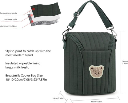 Lmbabter Embroidered Bear Stroller Organizer Tote Bag, Bottle Insulation Pouch, Portable Cooler Storage Essential for Milk/Breast Pump,Baby Travel Supplies (Black)