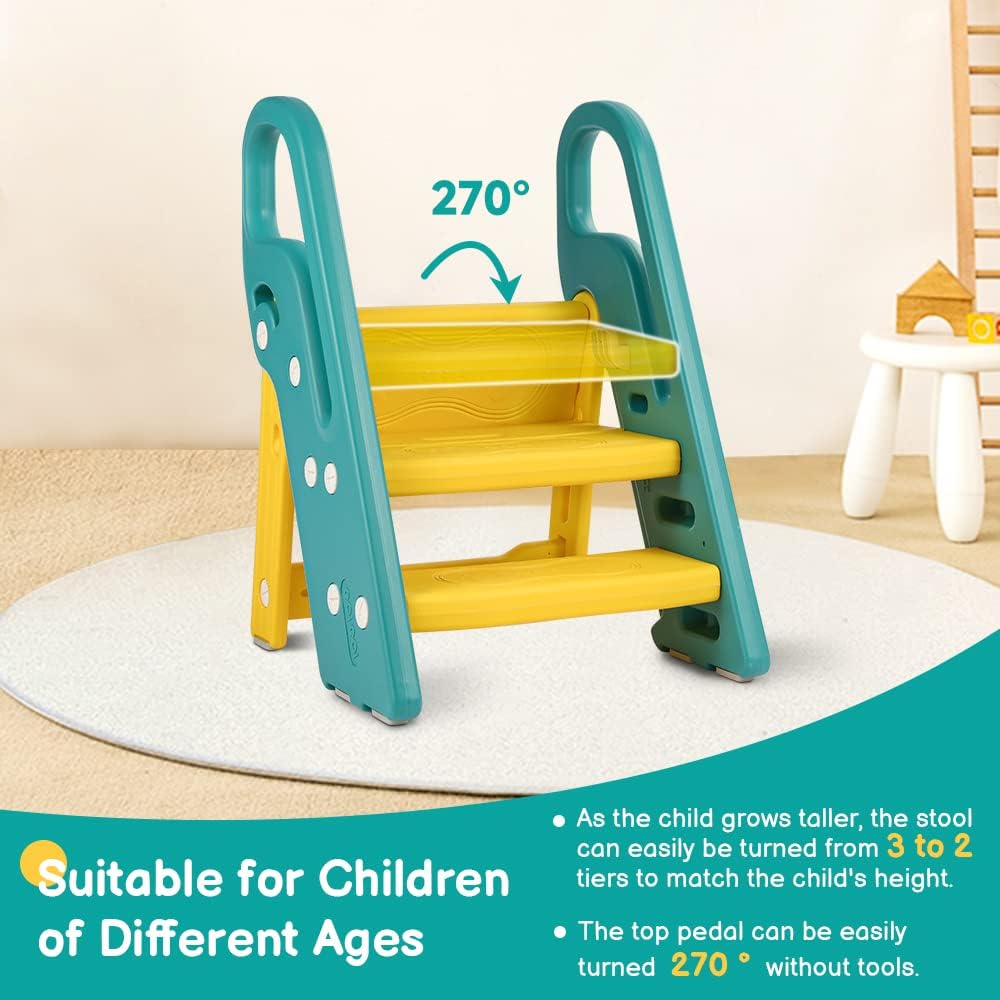 Onasti Foldable Toddler Step Stool for Bathroom Sink, Adjustable 3 Step Stool for Kids Toilet Potty Training Stool with Handles, Child Kitchen Counter Stool Helper, Plastic Ladder for Toddlers Pink