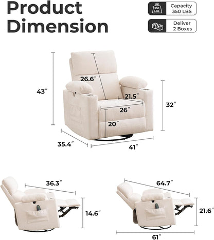 Rocking Chair Nursery with Adjustable Armrests, Electric Glider Recliner Nursing Chair for Breastfeeding, Power Swivel Recliner Chairs with Massage and Heat, Adjustable Headrest , FSC Certified, White
