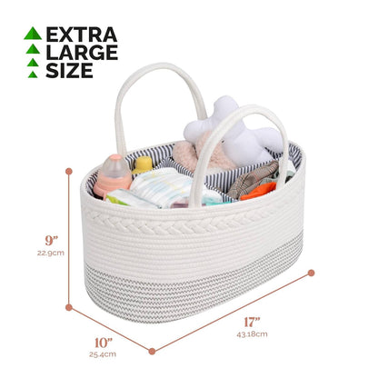 luxury little Diaper Caddy Organizer, Large Cotton Rope Nursery Baby Basket, Changing Table Organizer for Baby Diaper Storage, Portable Car Organizer Removable Divider (Off White, Large)