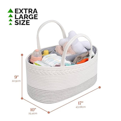luxury little Diaper Caddy Organizer, Large Cotton Rope Nursery Baby Basket, Changing Table Organizer for Baby Diaper Storage, Portable Car Organizer Removable Divider (Off White, Extra Large)