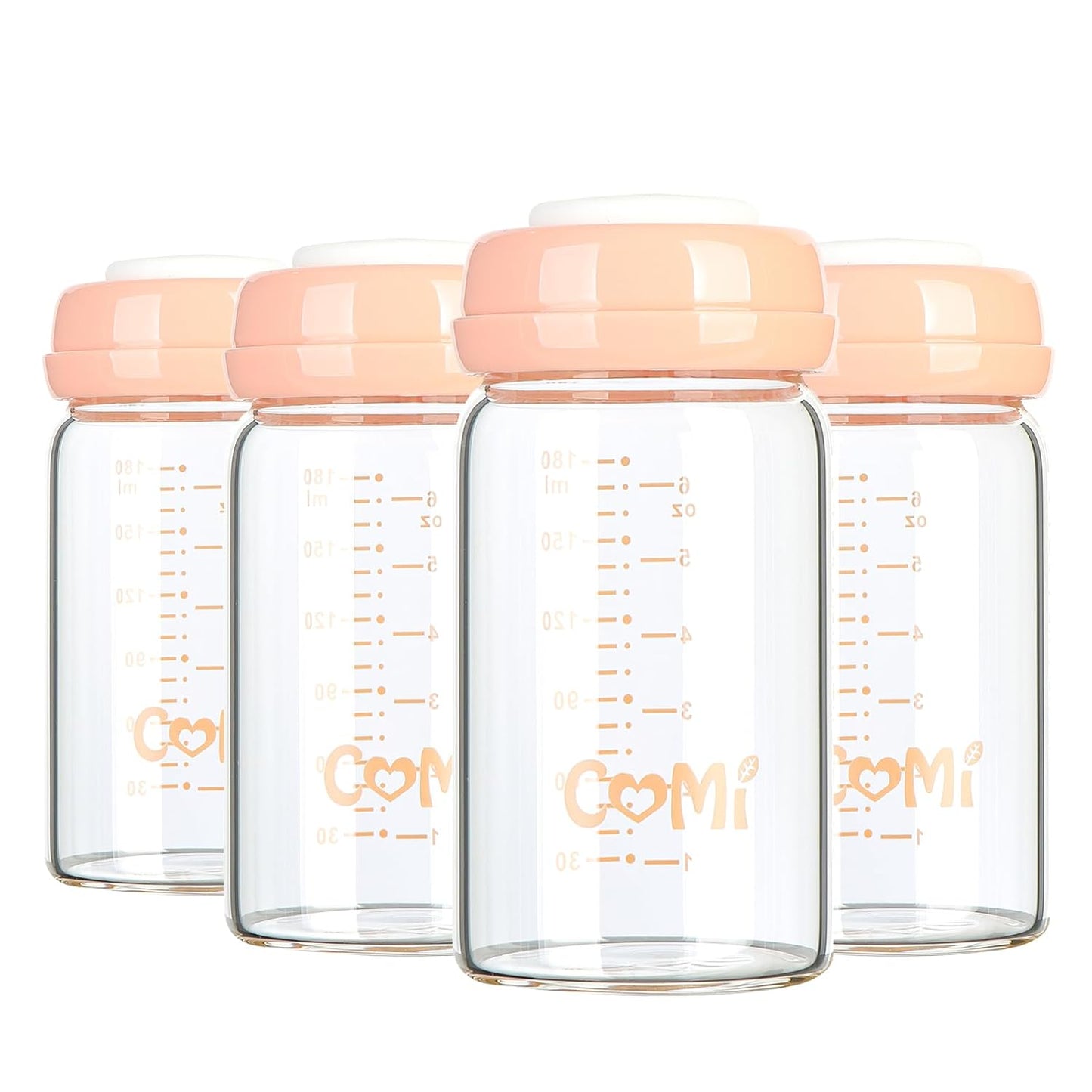 COMI Wide Neck Glass Breastmilk Collection n Storage Bottle, 4 Packs,10oz with Screw Ring Sealing Disk,Re-markable Sealing Disc,BPA Free,Fits Breast Pumps&Nipples(4 Green Lids)