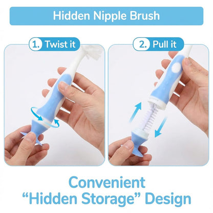 Ariseno 5-in-1 Baby Bottle Brush Set, Including Nylon and Silicone Bottle Brush, Bottle Cap, Straw and Nipple Cleaner, BPA-Free (Blue)
