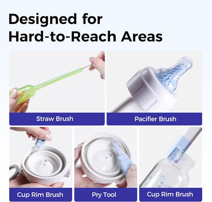 Bottle Brush Set, 9-in-1 Bottle Cleaner Kit, Includes Bent Neck Bottle Brush, Nipple Cleaning Brush, Straw Brush, Soap Dispenser, Pry Tool, Storage Case & Drying Rack, Baby Travel Essentials