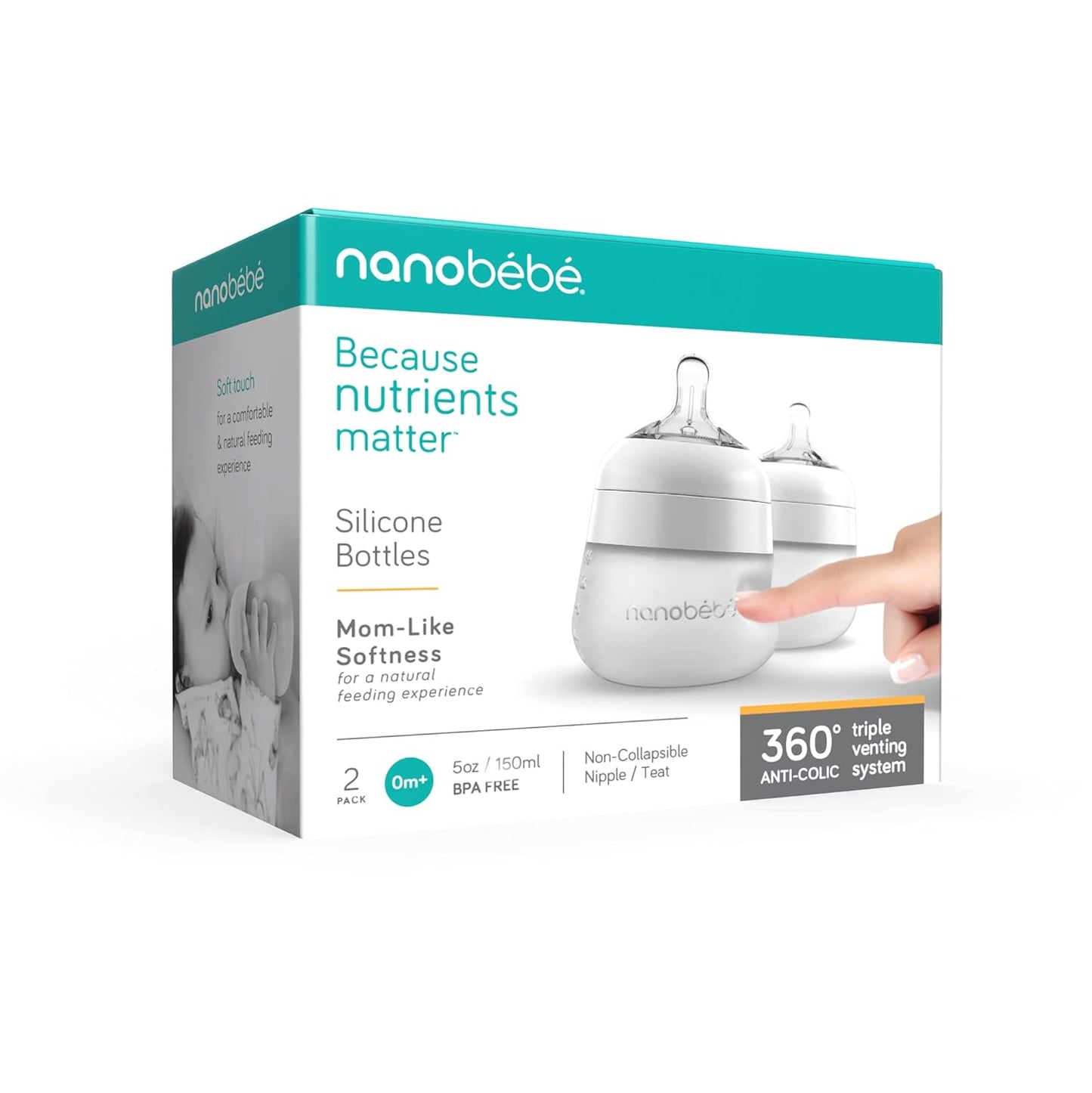 Nanobebe Flexy Silicone Baby Bottle, Anti-Colic, Natural Feel, Non-Collapsing Nipple, Non-Tip Stable Base, Easy to Clean 4-Pack, Pink/White, 5 oz