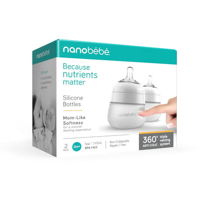 Nanobebe Flexy Silicone Baby Bottle, Anti-Colic, Natural Feel, Non-Collapsing Nipple, Non-Tip Stable Base, Easy to Clean 4-Pack, Pink/White, 5 oz