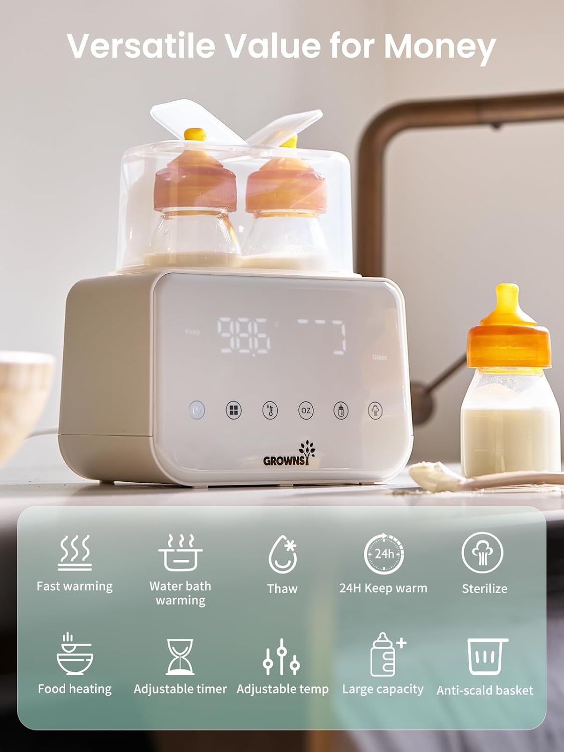 GROWSNY Fast Baby Bottle Warmer, 12-in-1 Milk Warmer with Steam and Water Bath Warming Modes for Breastmilk &Formula, Food Heating,with Thaw, Steri-lize, Egg Boil Function, Fits Most Types of Bottles