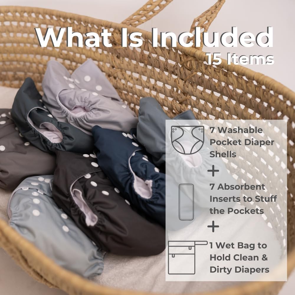 Nora's Nursery Cloth Diapers 7 Pack with 7 Inserts & 1 Wet Bag - Waterproof Cover, Washable, Reusable & One Size Adjustable Pocket Diapers for Newborns and Toddlers - Delilah