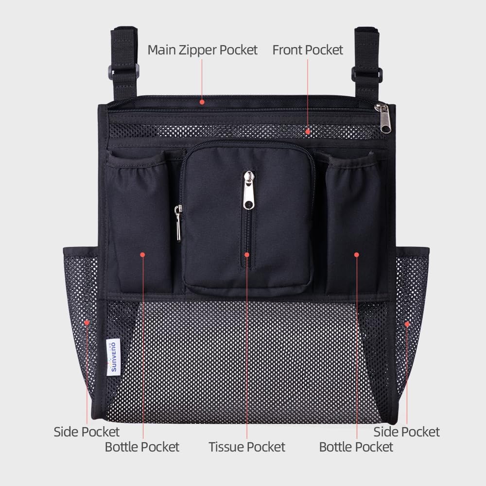 SUNVENO 2-pack Universal Stroller Organizer Caddy with Cup Holders, Wipes Pouch and Extra Storage, Zippered Mesh Side Sling for Pushchair, Black