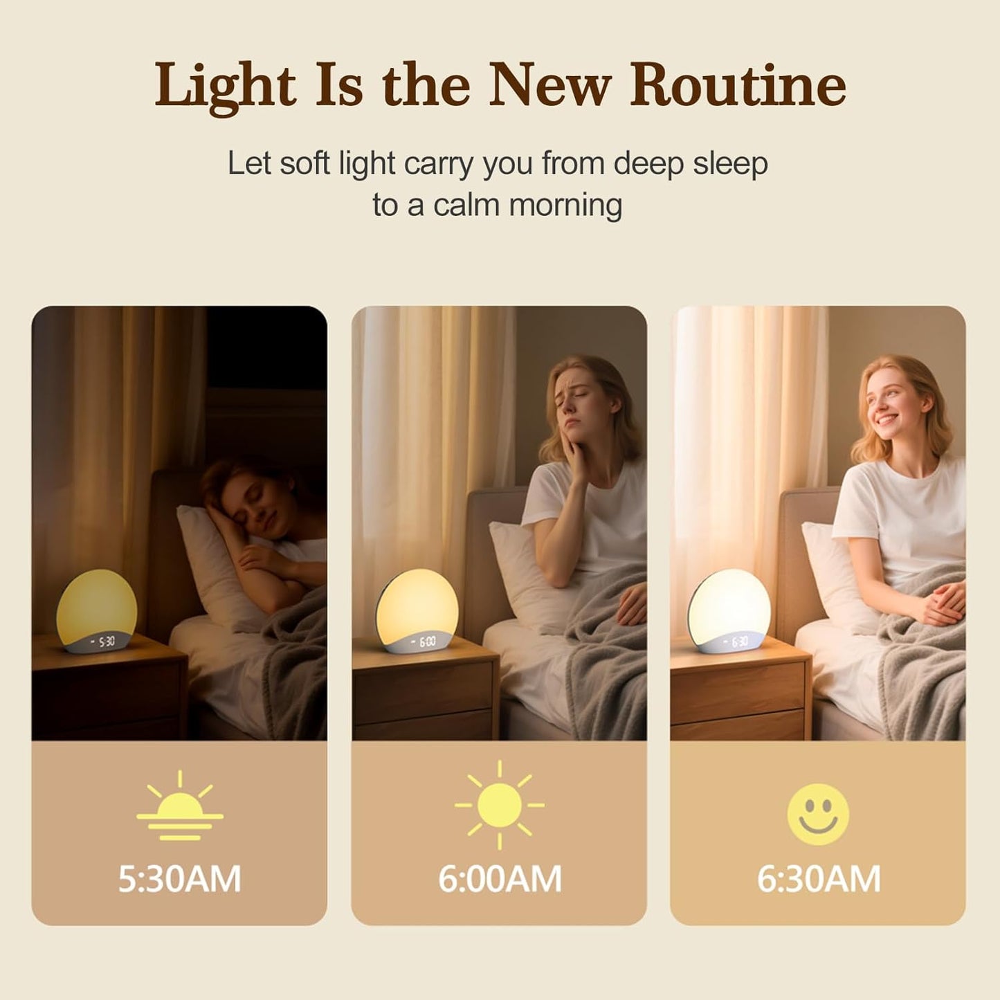 REACHER Wood Grain Sunrise Alarm Clock and Sound Machine Nightlight, Digital Dimmable Clock for Bedroom, 26 Sleep Sounds, White Noise Machine for Baby, Adults, Wake Up Light Alarm Clock for Kids
