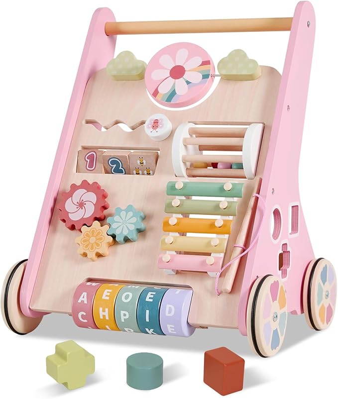 Wooden Baby Walker with Wheels, Adjustable Speed Baby Push Walker, Montessori Walking Toys for Girls Boys, Push and Pull Learning with Baby Activity Center, Christmas Birthday Gifts for Toddler