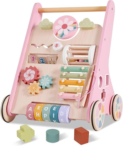 Wooden Baby Walker with Wheels, Adjustable Speed Baby Push Walker, Montessori Walking Toys for Girls Boys, Push and Pull Learning with Baby Activity Center, Christmas Birthday Gifts for Toddler