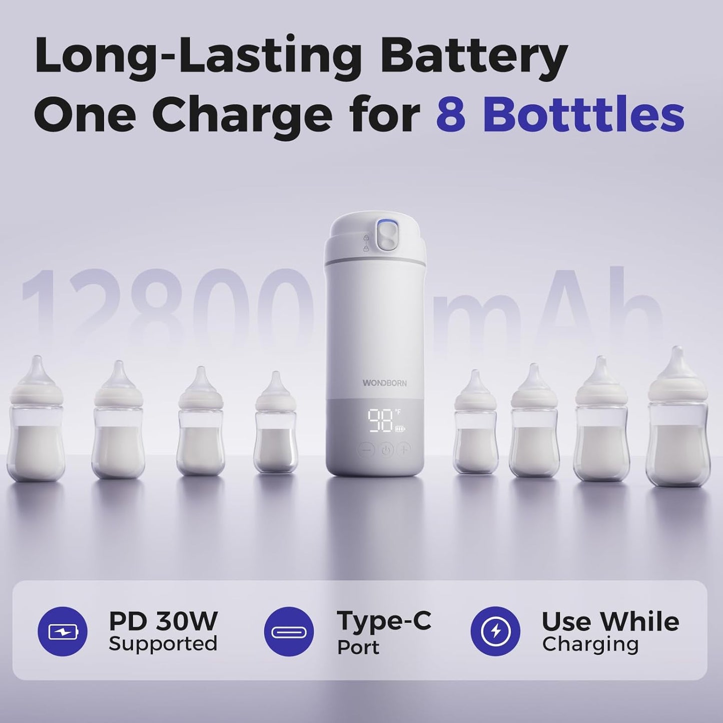 Portable Bottle Warmer for Travel, Dishwasher Safe, 3X Faster & Even Heating, 8 Feeds per Charge, 17oz, 1℉ Precise Adjust, Thaw, Keep Warm, Use While Charging, for Breastmilk & Formula