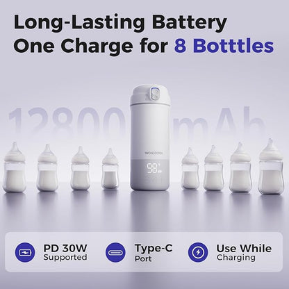 Portable Bottle Warmer for Travel, Dishwasher Safe, 3X Faster & Even Heating, 8 Feeds per Charge, 17oz, 1℉ Precise Adjust, Thaw, Keep Warm, Use While Charging, for Breastmilk & Formula