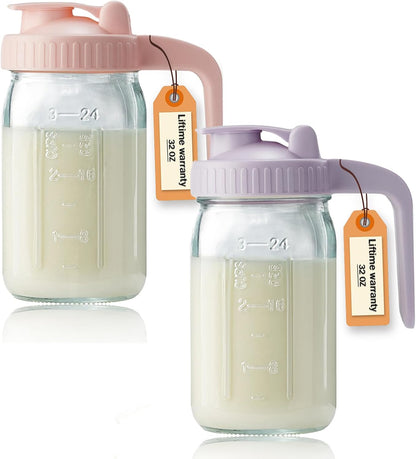 32oz Glass Pitcher with Lid & V-shaped Pour Spout - 1 Quart Breastmilk Pitcher Double Leak Proof, Creamer Container for Sun Tea, Juice, Cold Brew Coffee, Breastmilk Storage Container