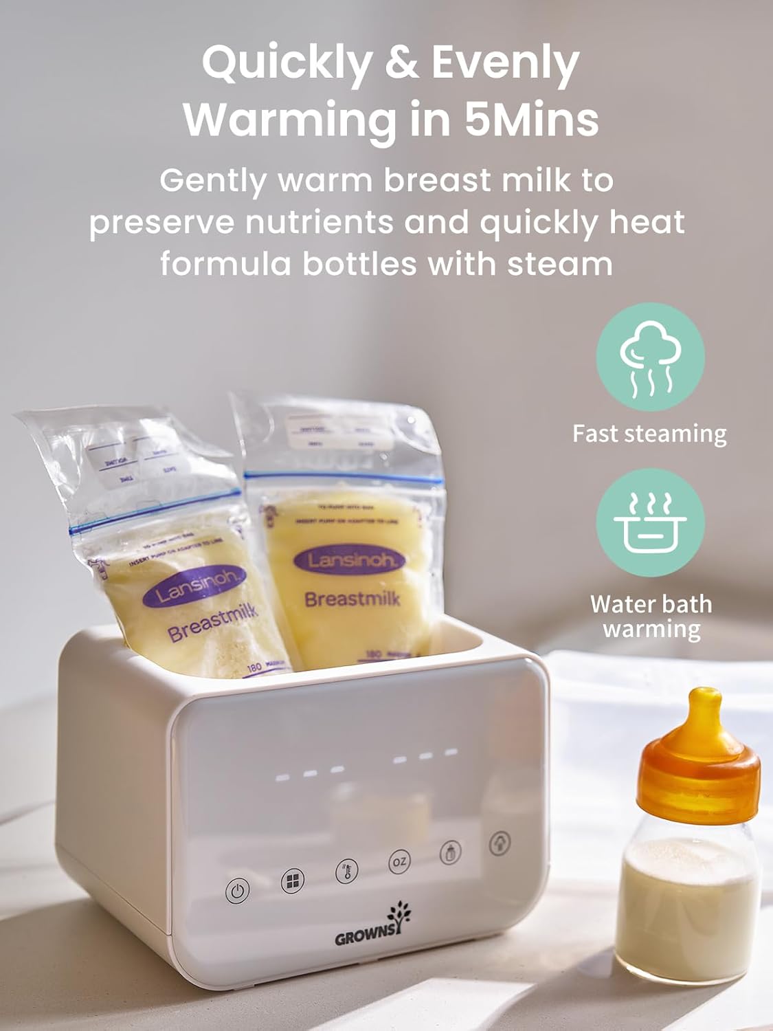 GROWSNY Fast Baby Bottle Warmer, 12-in-1 Milk Warmer with Steam and Water Bath Warming Modes for Breastmilk &Formula, Food Heating,with Thaw, Steri-lize, Egg Boil Function, Fits Most Types of Bottles