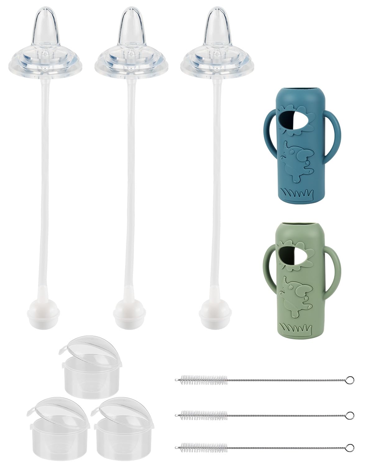 Sippy Straw Cup Conversion Kit with Silicone Sleeves for Dr. Brown's Narrow Glass Baby Bottle 4oz,Anti Breakage Baby Bottles Replacement Kit with Handle and Soft Sippy Spout,6m+,Set of 3