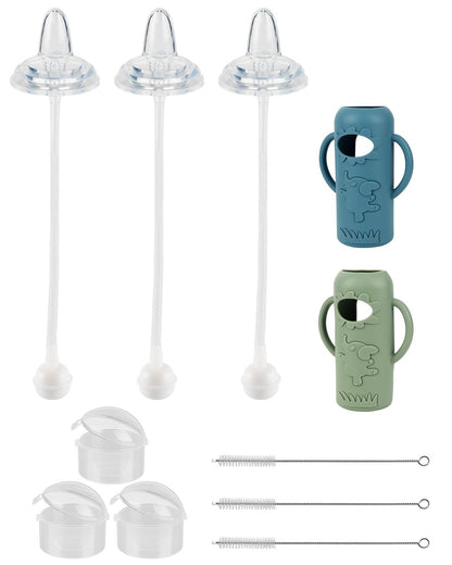 Sippy Straw Cup Conversion Kit with Silicone Sleeves for Dr. Brown's Narrow Glass Baby Bottle 4oz,Anti Breakage Baby Bottles Replacement Kit with Handle and Soft Sippy Spout,6m+,Set of 3