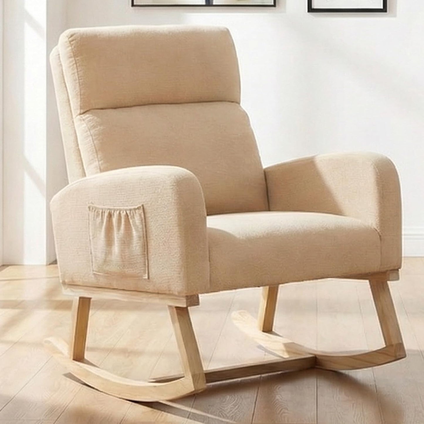 Rocking Chair Nursery - Glider Modern Accent Chairs Upholstered Nursing Rocker Padded Armchair for Indoor Living Room Bedroom Beige