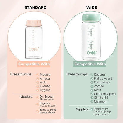 COMI Wide Neck Glass Breastmilk Collection n Storage Bottle, 4 Packs,10oz with Screw Ring Sealing Disk,Re-markable Sealing Disc,BPA Free,Fits Breast Pumps&Nipples(4 Green Lids)