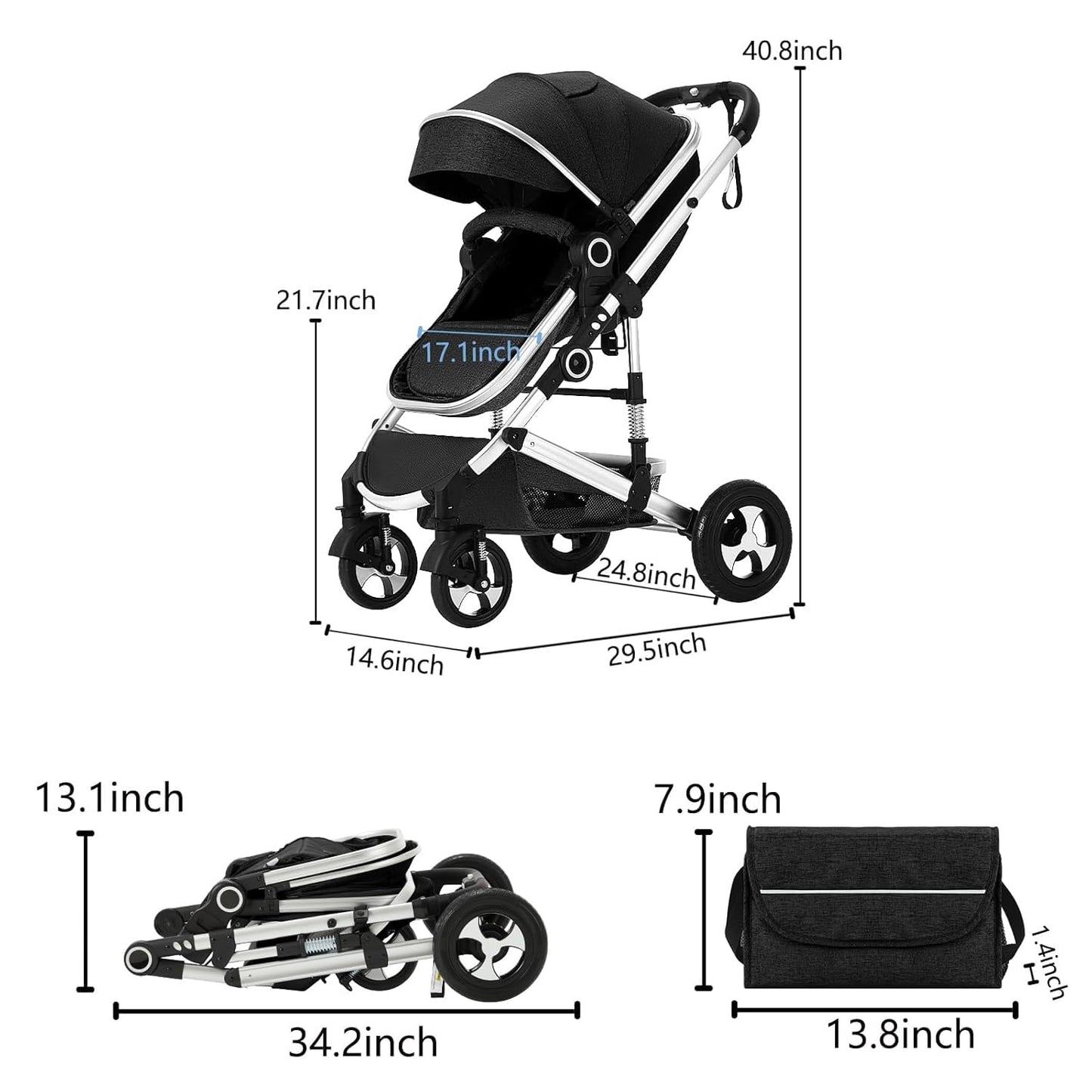 Kinder King 2 in 1 Convertible Baby Stroller, Folding High Landscape Infant Carriage, Newborn Reversible Pram, Adjustable Canopy, Diaper Bag, Pink
