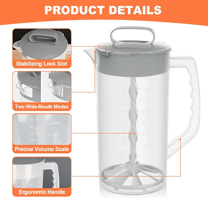 Breast milk pitcher, 64oz/ 2000ml Mixing pitcher with lid, Mixing baby formula,coffee, milk and juice with Angled Plastic Blades and Adjustbale mixer plunger (one pack)