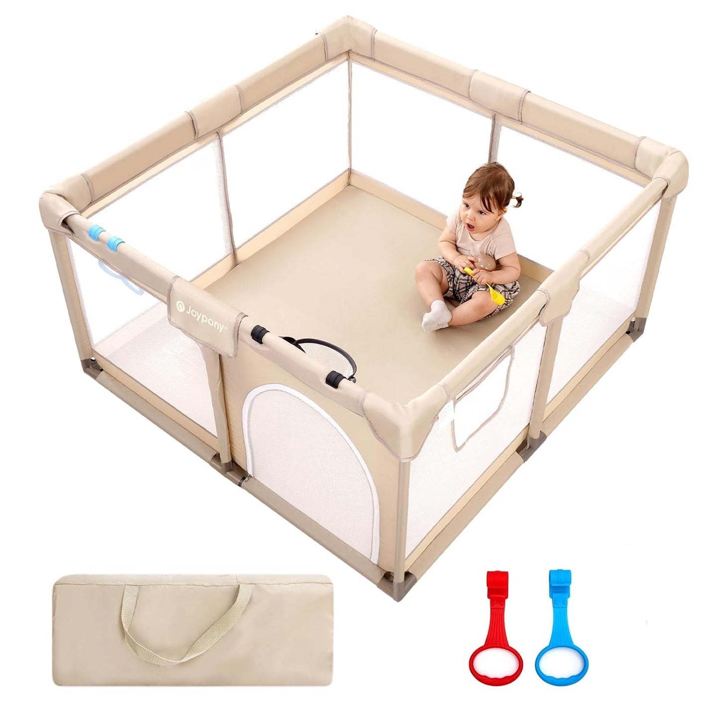 Joypony Baby Playpen with Mat, 50x50 in Small Play Pen for Babies, Toddler Playpen for Apartment, Indoors Play Yard with Soft Breathable Mesh (Beige with Mat)