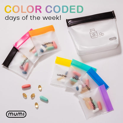 MUMI Single Dose Kit – 7pc (2.36” x 6.14”) Reusable Protein Powder Travel Container Packets with Zip-Up Bag (8” x 5”) & Funnel | Protein Powder Container to Go, Travel Powder Containers & Organizer